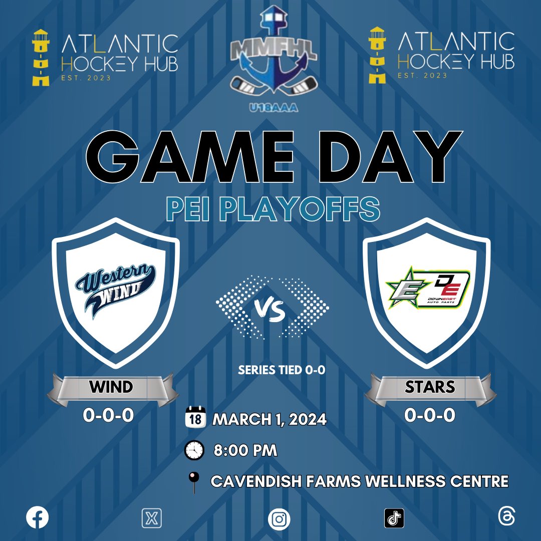 Maritime Major Female Hockey League Friday PEI Playoff Schedule:

8:00 pm - Western Wind @ Down East Auto Parts Stars 

Elevate your hockey experience with Atlantic Hockey Hub – where stats, scores, and updates come to life! 

#MMFHL #AtlanticHockeyHub