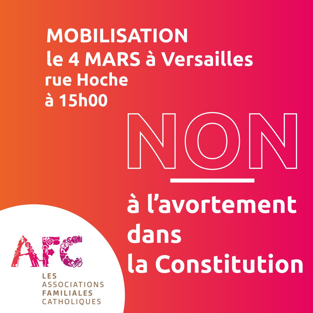 CNAFC's tweet photo. Soyons nombreux à réaffirmer notre conviction : Il faut aider les futures mères à avoir la liberté d'accueillir la vie !
Mobilisons-nous le 4 mars à Versailles rue Hoche de 15h00 à 19h !
#IVG #NON #Constitution #Versailles #familles #avortement #mobilisation #manifestation https://t.co/8VFHH9yqM4