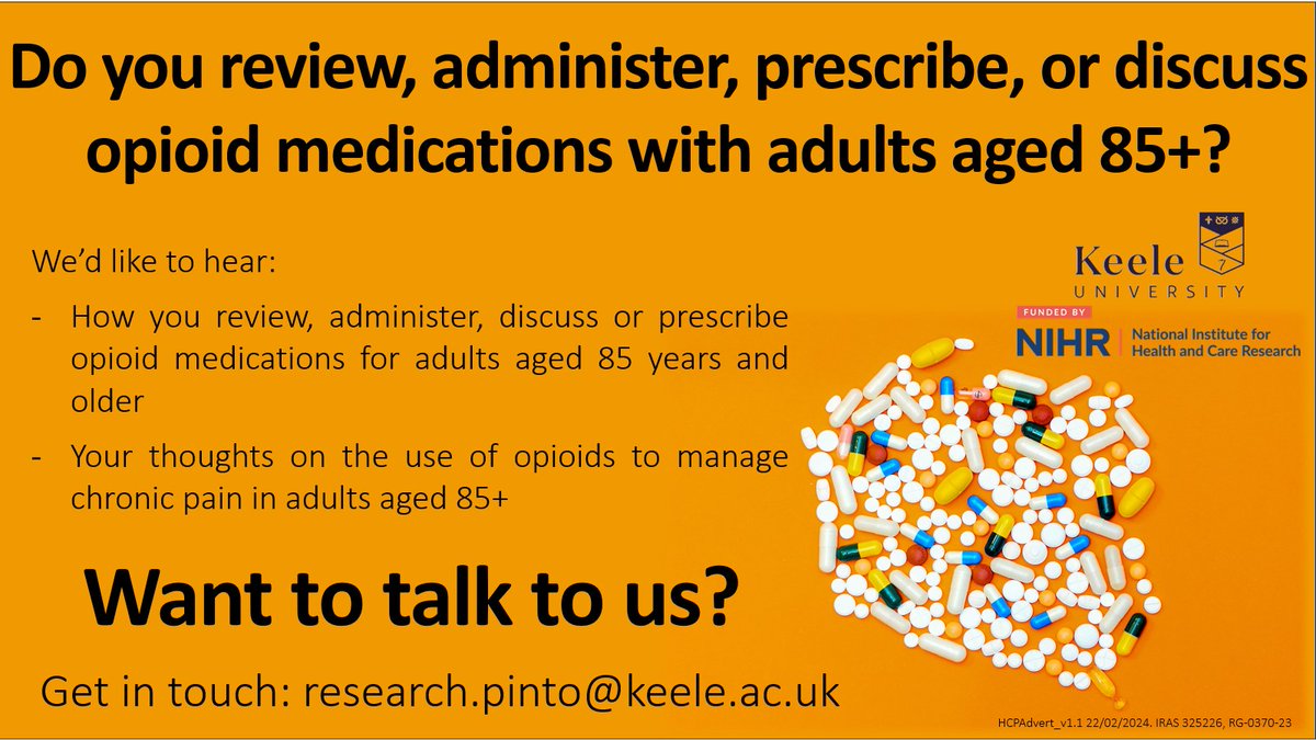 Alice Faux-Nightingale (@fauxnightingale) on Twitter photo We're looking for healthcare professionals who review, administer, prescribe or discuss opioid medications with adults aged over 85. If you have experiences of this, we'd love to talk to you! Any questions about the study or taking part, contact: research.pinto@keele.ac.uk We're looking for healthcare professionals who review, administer, prescribe or discuss opioid medications with adults aged over 85. If you have experiences of this, we'd love to talk to you! Any questions about the study or taking part, contact: research.pinto@keele.ac.uk