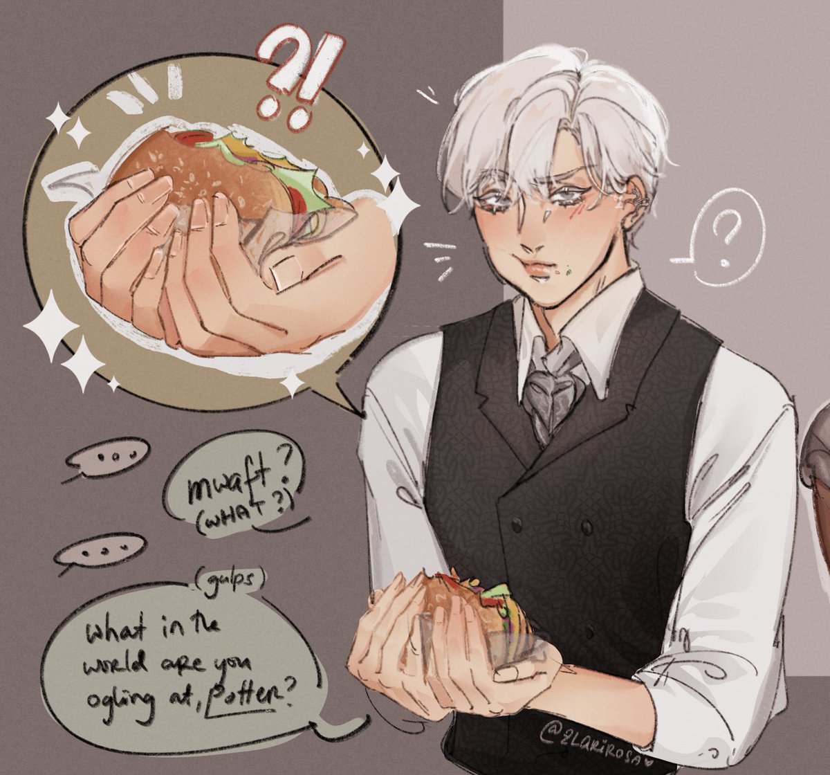 zlarirosa's tweet photo. draco's first time eating muggle burger...without cutlery

(p.s. he liked it a lot! much to his dismay...)
#drarry #hpdm #HarryPotter #DracoMalfoy https://t.co/GFYYb5F20V