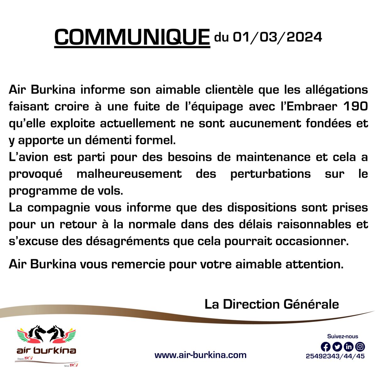Communiqué du 01/03/2024.
#AirBurkina