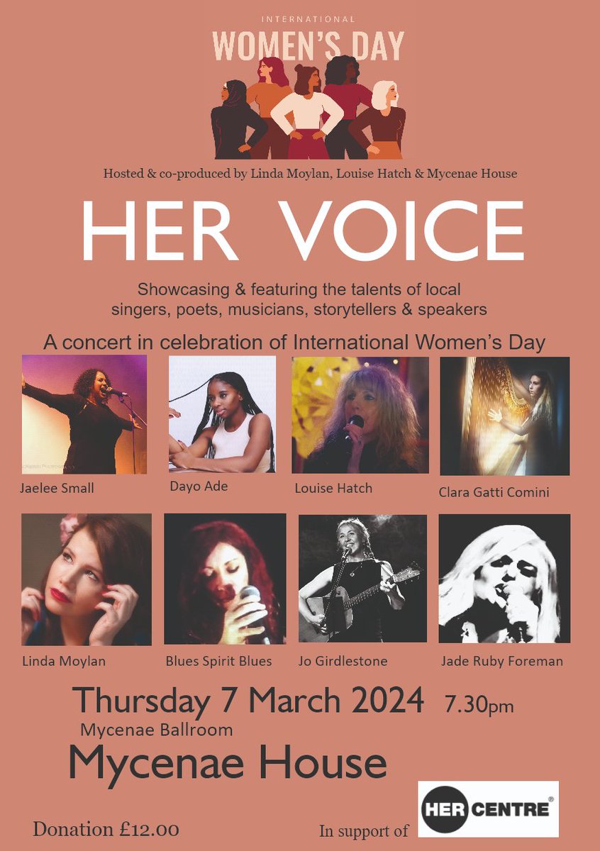 Incredible line-up for HER VOICE next week Thurs 7 March, a concert featuring the talents of local women artists, musicians, poets & speakers, in aid of Her Centre. Donation £12 via wegottickets.com/event/608348 #IWD2024 #HERVOICE #Concert #Blackheath #Greenwich