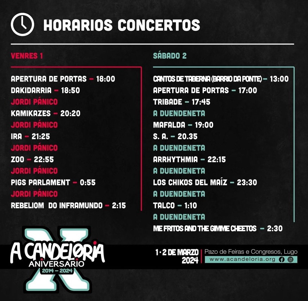 📢 Xenteee❗❗

Vémonos na <a href="/ACandeloria/">A Candeloria Lugo</a> 

Vaia finde se vén...xa con gañas de que abran portas🔥🔥🔥

Aquí vos quedan os horarios...🦊

#FestivalDaCandeloria
#FestivalDeInverno
#MusicaEnDirecto
#MusicaEnGalego