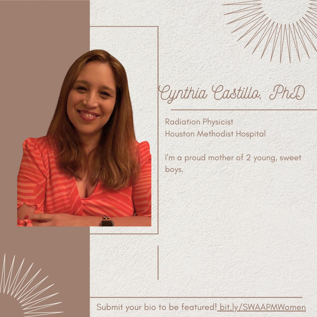 To kick off Women's History Month, we'd like you to meet SWAAPM member Dr. Cynthia Castillo! <a href="/aapmhq/">American Association of Physicists in Medicine</a>, <a href="/aapm_wpsc/">AAPM Women's Professional Subcommittee</a>, <a href="/MethodistHosp/">Houston Methodist</a>

Submit your bio to be featured: bit.ly/SWAAPMWomen
#wewhocurie