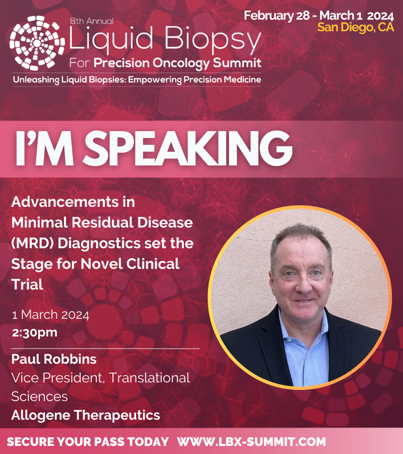 Today at the #LiquidBiopsySummit Paul Robbins, our VP of Translational Science, will discuss the role of #MRD testing to determine eligibility in ALPHA3, a novel trial for first line consolidation treatment of LBCL using allogeneic #CART. #ForesightDiagnostics $ALLO
