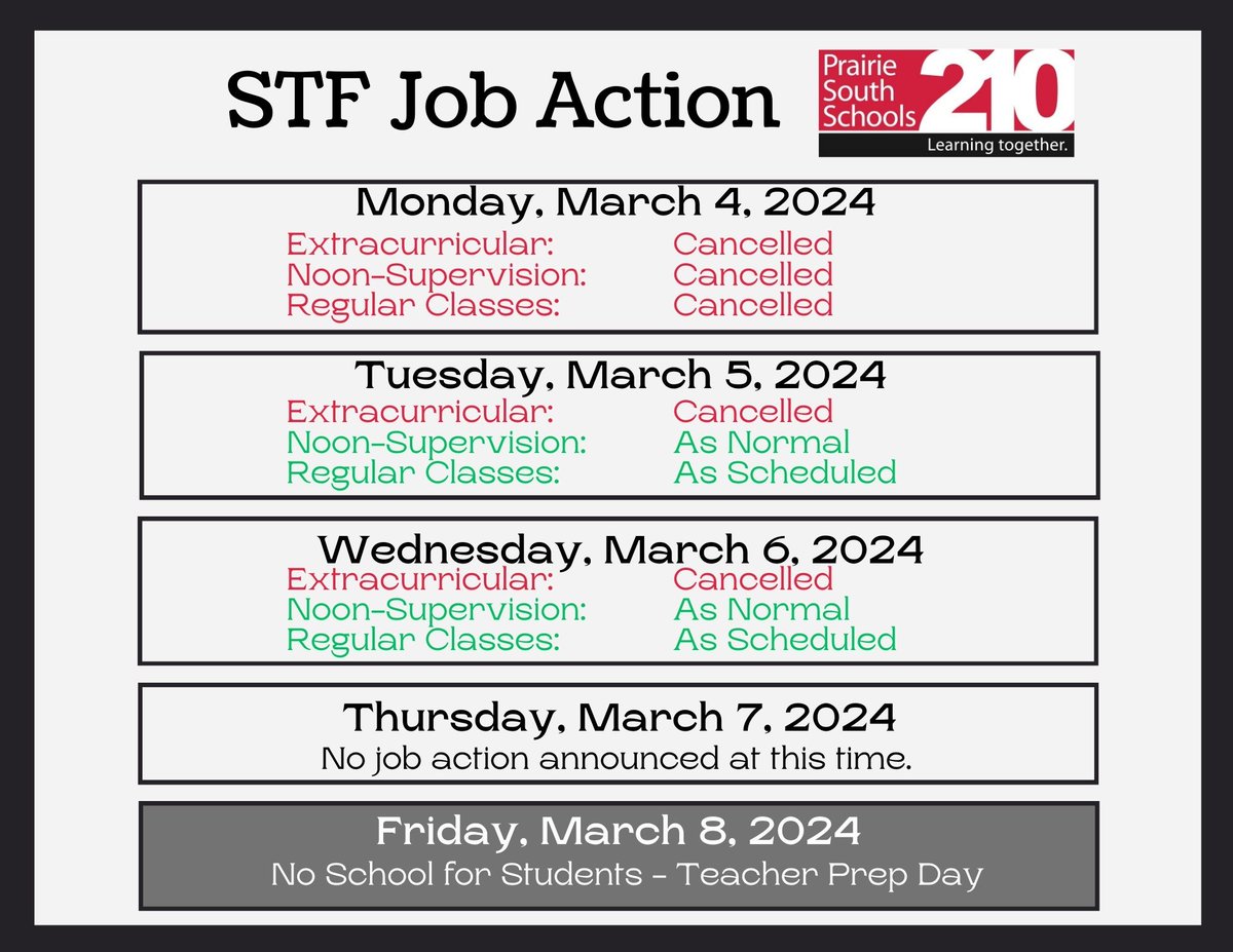 Please refer to the picture for reminders about STF Job Action impact in our schools next week.