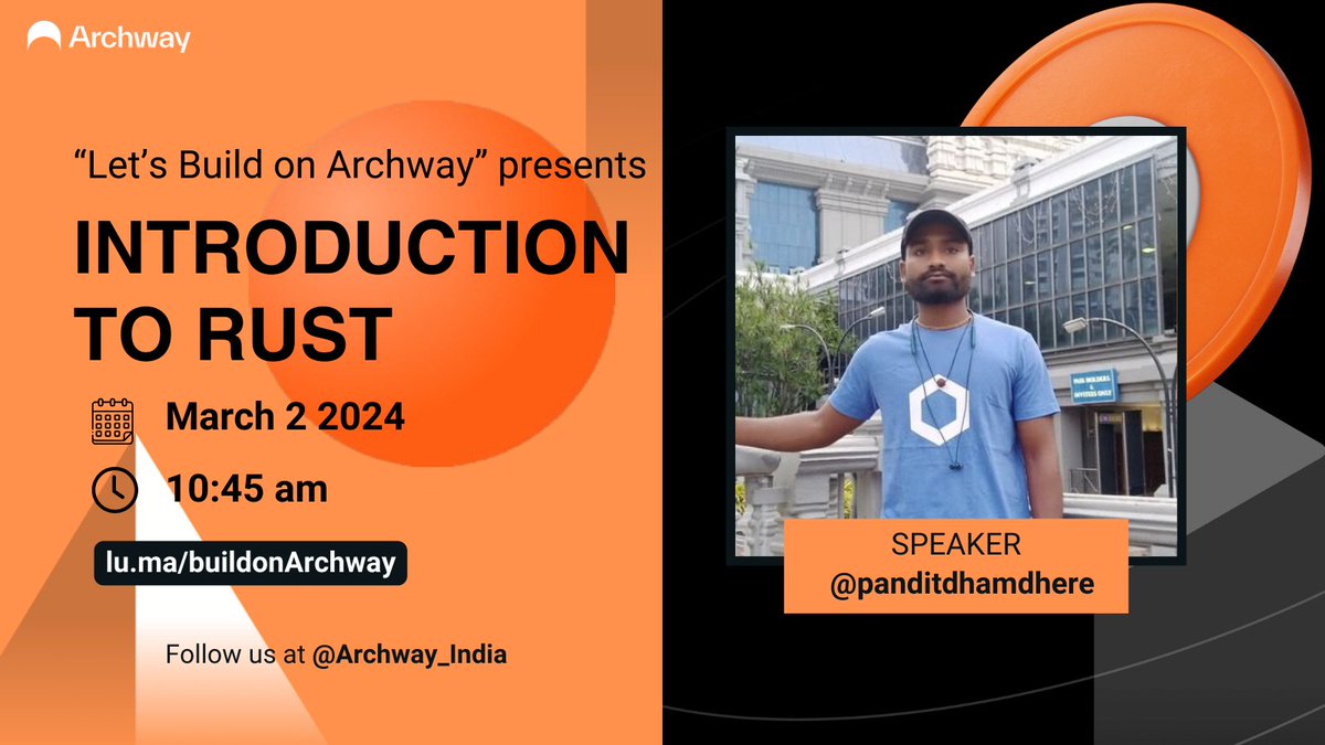 🚀 Exciting news! 

Tomorrow at 11am, join us for "Introduction to Rust" powered by <a href="/panditdhamdhere/">Pandit | Ξ🦇🔊</a>! 🦀💻

 Don't miss this opportunity to enhance your Rust skills. Get ready for a session filled with knowledge and hands-on learning! See you there! 💪📈 
<a href="/Archway_India/">Archway India</a>  🚀