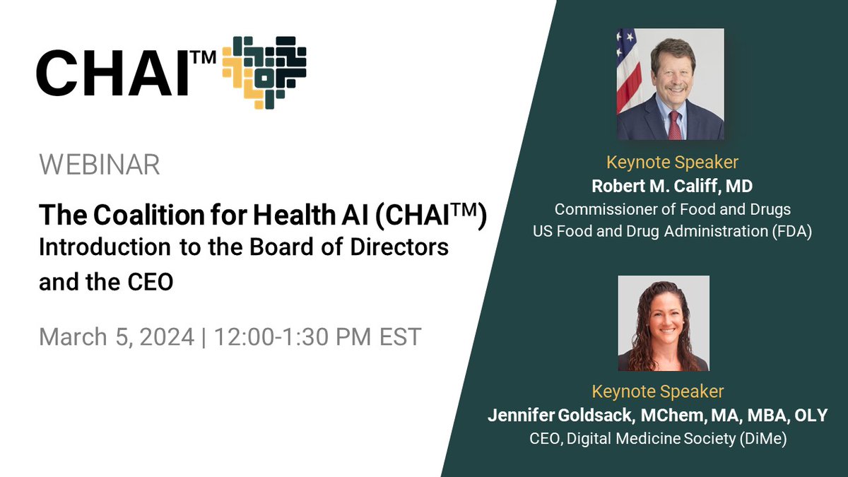 Happening Tuesday, March 5, 2024: Join the Coalition for Health AI (#CHAI) for a special webinar introducing its Board of Directors and CEO! <a href="/US_FDA/">U.S. FDA</a> Commissioner <a href="/DrCaliff_FDA/">Dr. Robert M. Califf</a> will be delivering the keynote. Register here: tinyurl.com/yu7ef5r7 1/2