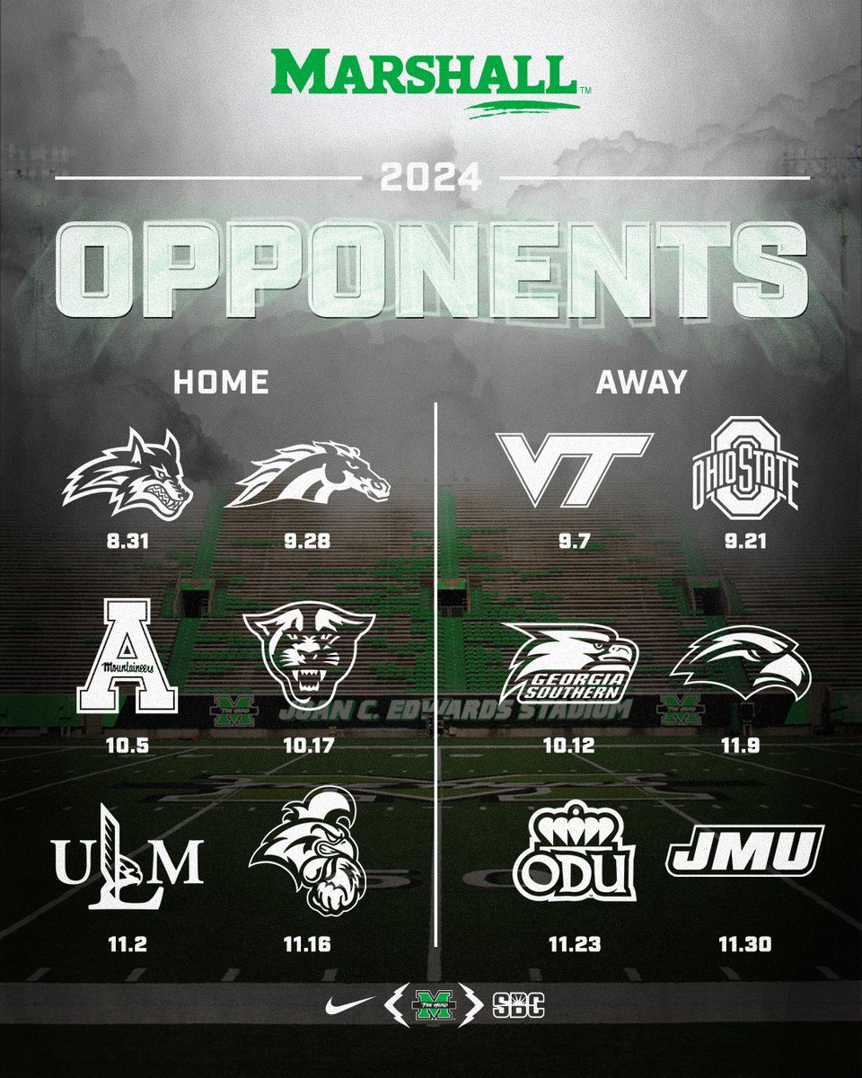 𝙈𝙖𝙧𝙨𝙝𝙖𝙡𝙡 𝙁𝙤𝙤𝙩𝙗𝙖𝙡𝙡 𝙍𝙚𝙫𝙚𝙖𝙡𝙨 2024 𝙎𝙘𝙝𝙚𝙙𝙪𝙡𝙚!

Marshall Football released its schedule for the 2024 football season on Friday with home games against SBC rivals App State and Coastal Carolina highlighting the schedule.

🔗: bit.ly/2024MarshallFo…