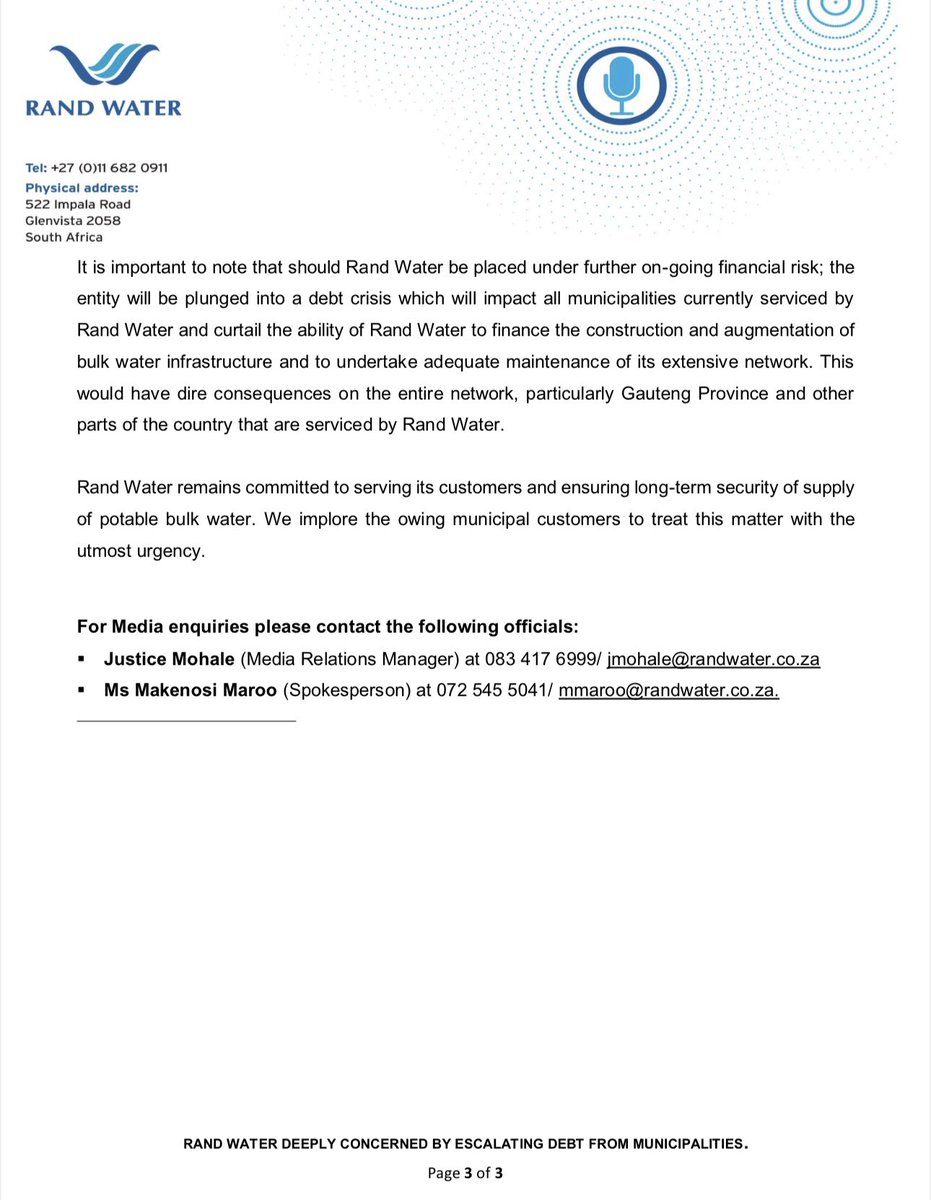 Rand_Water's tweet photo. 🚨Media Statement🚨
Rand Water is deeply concerned by the escalating debt from municipalities. 

#RW120YearsofExcellence
#RWDebtRecovery 
#RWFinancialSustainability 
#RWWaterSustainability 
[NS] https://t.co/fpI79mIdVh