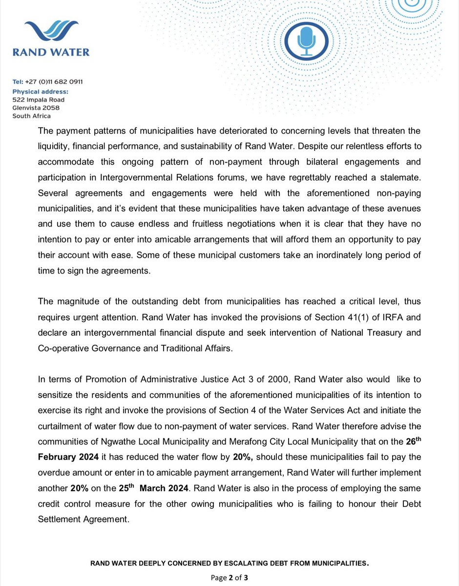 Rand_Water's tweet photo. 🚨Media Statement🚨
Rand Water is deeply concerned by the escalating debt from municipalities. 

#RW120YearsofExcellence
#RWDebtRecovery 
#RWFinancialSustainability 
#RWWaterSustainability 
[NS] https://t.co/fpI79mIdVh