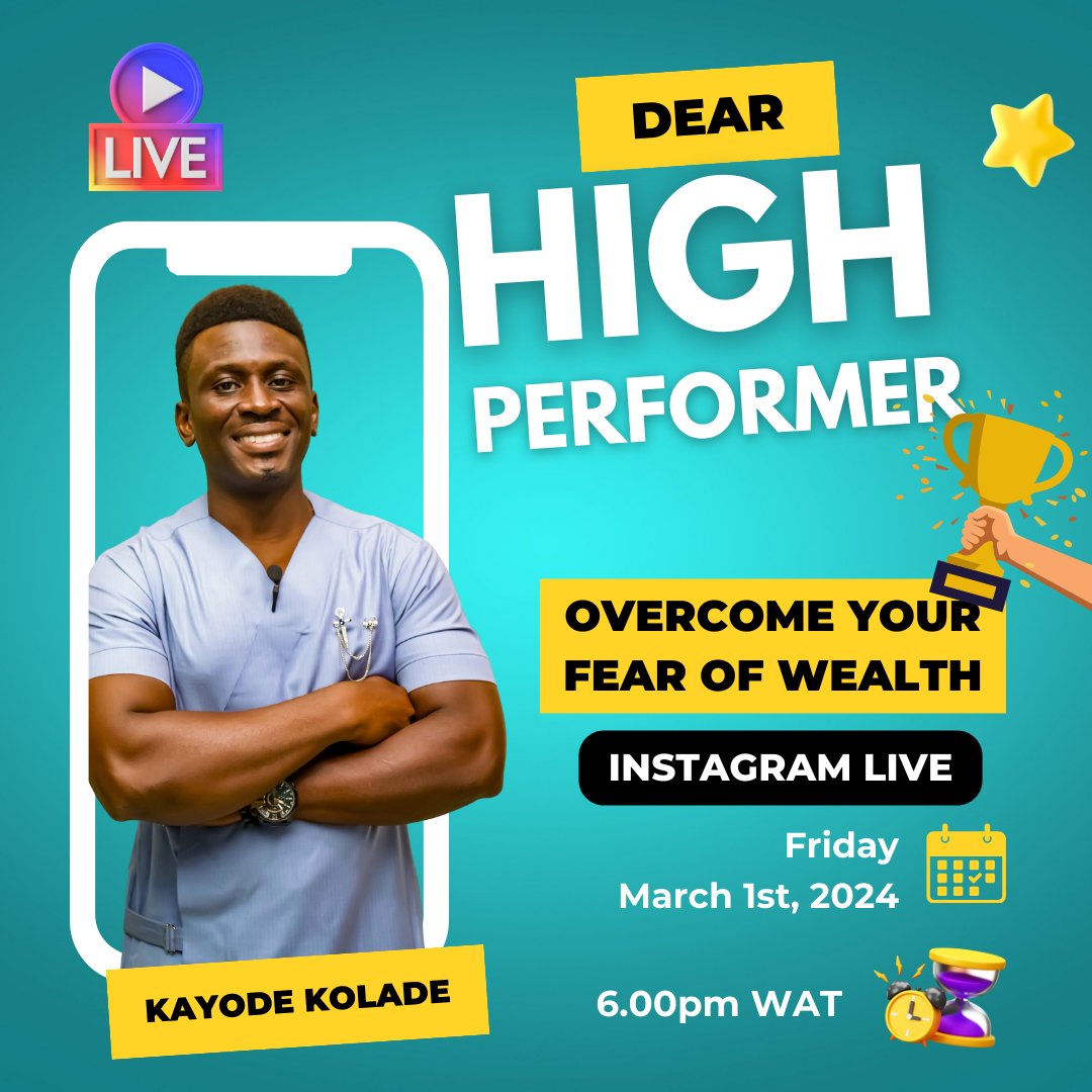 kayodekolade's tweet photo. Join me today by 6pm WAT as we discuss how to Overcome Your Fear of Wealth 🚀
#dearhighperformer #overcomeyourfearofwealth #therichlife #highperformancelive https://t.co/IS9L56eJx3