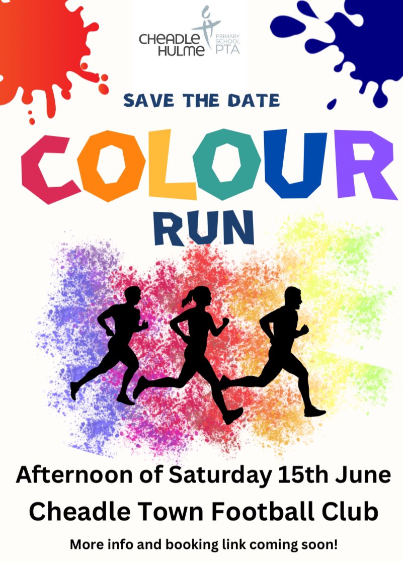 Save the Date for our first ever Colour Run! 

More information and how to book coming soon! 🏃🏽‍♀️ 🎨 🏃🏽🎨