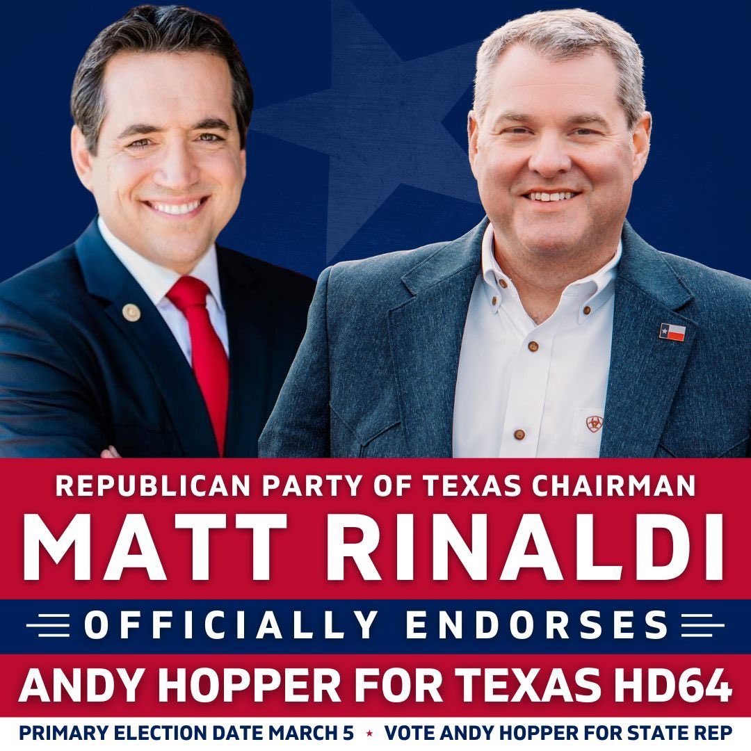 I’m endorsing Andy Hopper for Texas House District 64. I served in the state house and I am confident Andy has the conservative principles and to stand up to the Austin swamp. Unlike his opponent, who was officially censured by the Wise County Republican Party, Andy will oppose