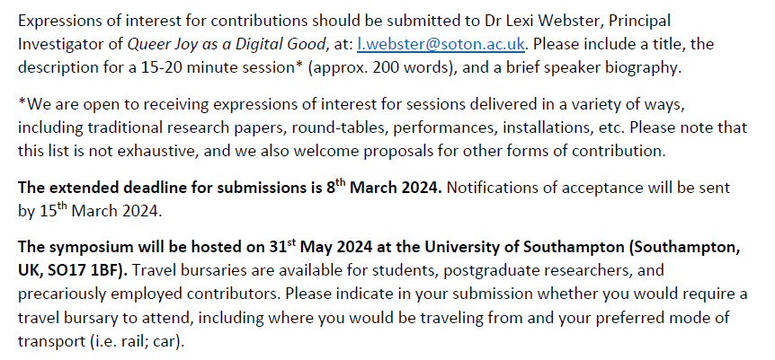 📢 Symposium Call for Papers – Queer Joy as a Digital Good – <a href="/sotonDH/">Southampton Digital Humanities</a> – deadline 8 March – details ⬇️