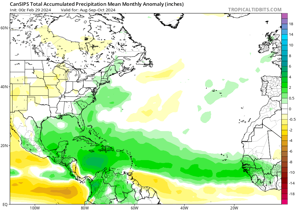 philklotzbach's tweet photo. Latest forecast from Canadian climate model (CanSIPS) continues to predict conditions associated with active Atlantic #hurricane season, including below-normal vertical wind shear, above-normal precip, below-normal pressure and warm SSTs in the tropical Atlantic for Aug-Oct https://t.co/IJ8JKqbbs6