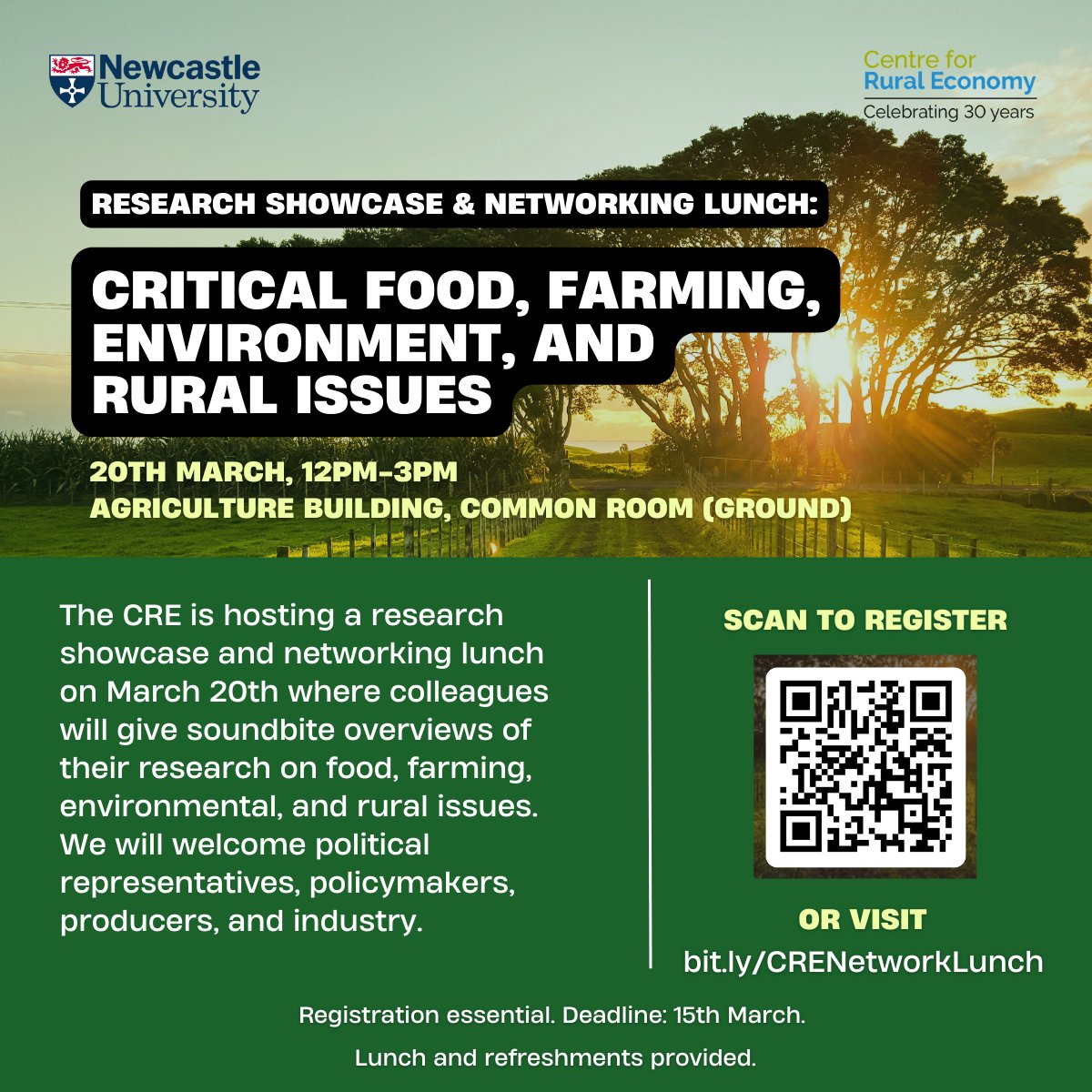 Join <a href="/cretweeting/">Centre for Rural Economy</a> on 20th March for a networking lunch and a research showcase on food, farming, environmental, and rural issues. All political representatives, policymakers, producers, and industry are welcome.

Registration link👇
forms.office.com/e/4MbWBJqfEv