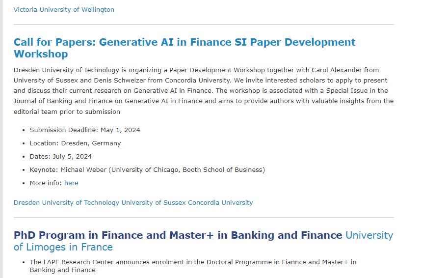 Check out news about finance events on the EFA website including the Generative AI in Finance SI Paper Development Workshop organised by <a href="/tudresden_de/">TU Dresden</a>  
european-finance.org/r/news