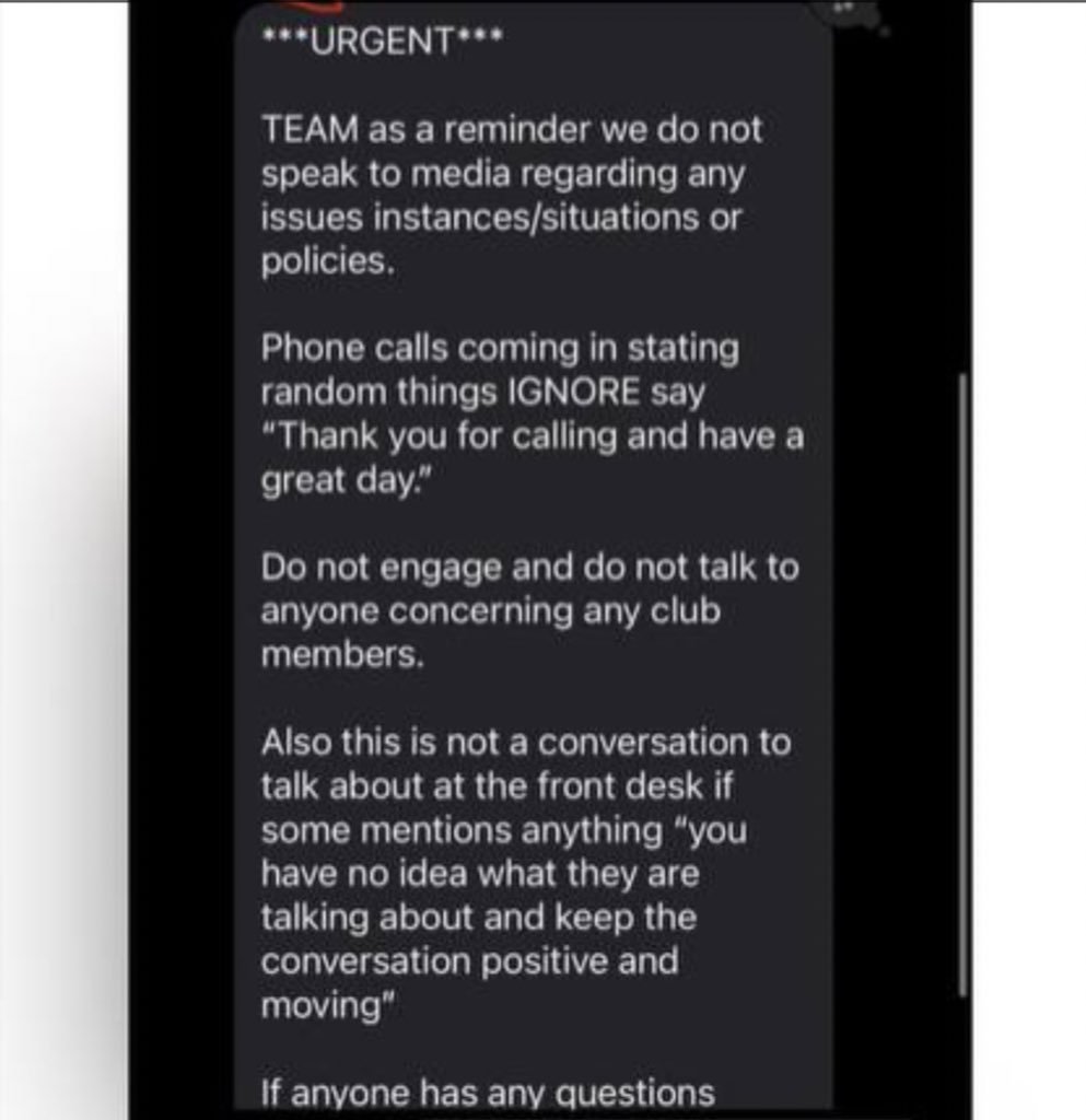 Equinox is now sending out URGENT texts: “This is not a conversation do talk about at the front desk if some mentions anything “you have no idea what they are talking about and keep the conversation positive and moving” “Do not speak to media” @Equinox