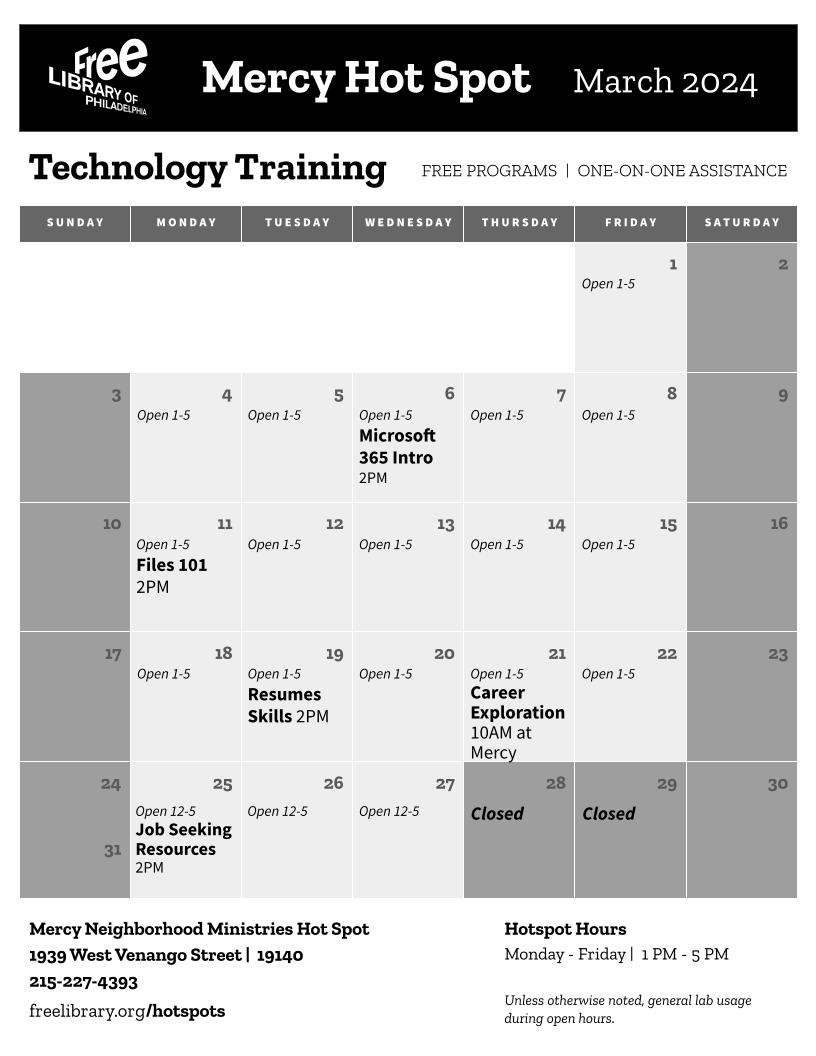 Sharpen your digital skills and get help with your job search at classes this month at the Mercy Hot Spot!