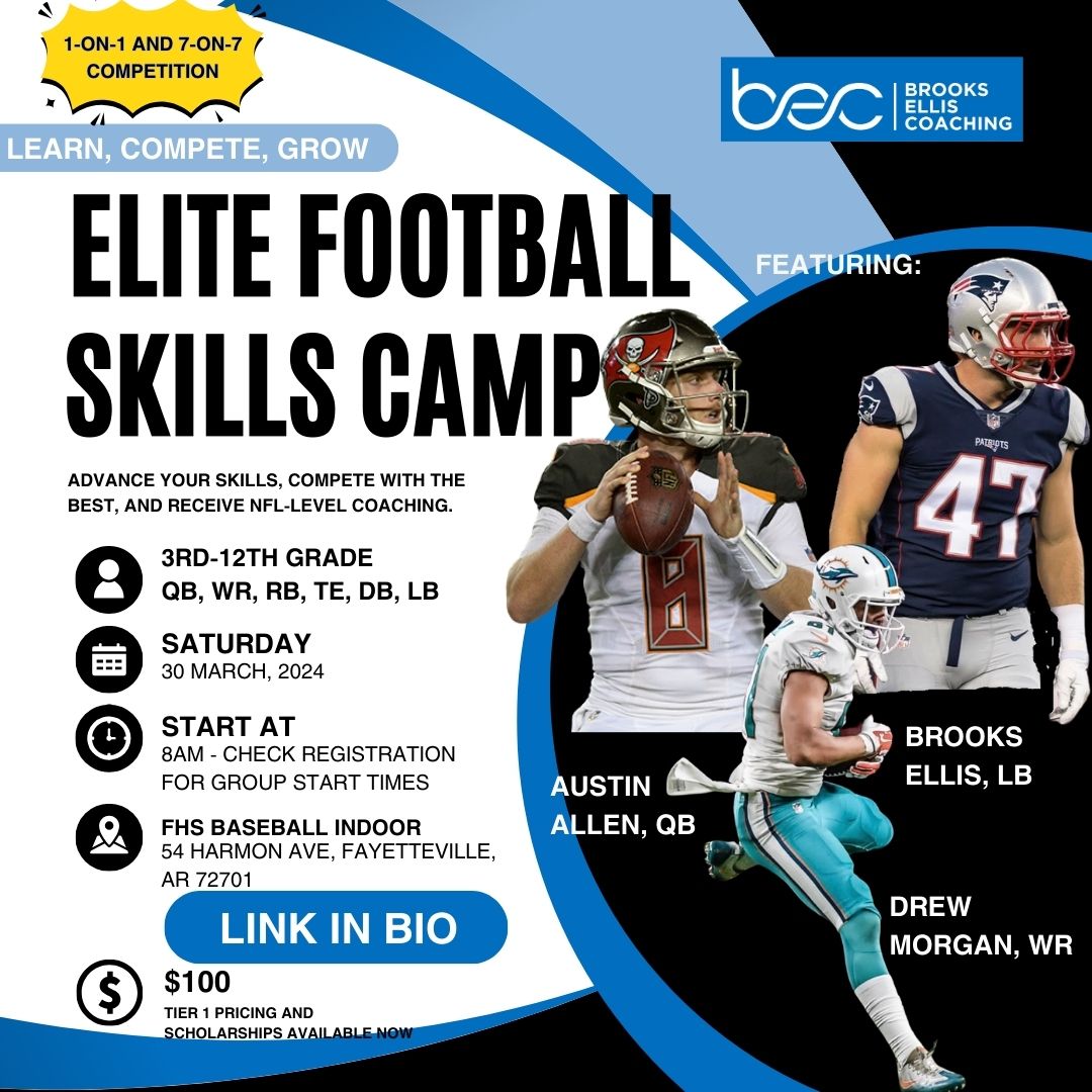 Excited for round 3!! Join our ELITE Football Skills Camp on March 30th with Brooks Ellis Coaching. Learn from former NFL pros, engage in competitive drills, and unlock your potential at *SKILL* positions. #Footballtraining #footballcamps #FootballSkillsCamp #TrainLikeAPro…