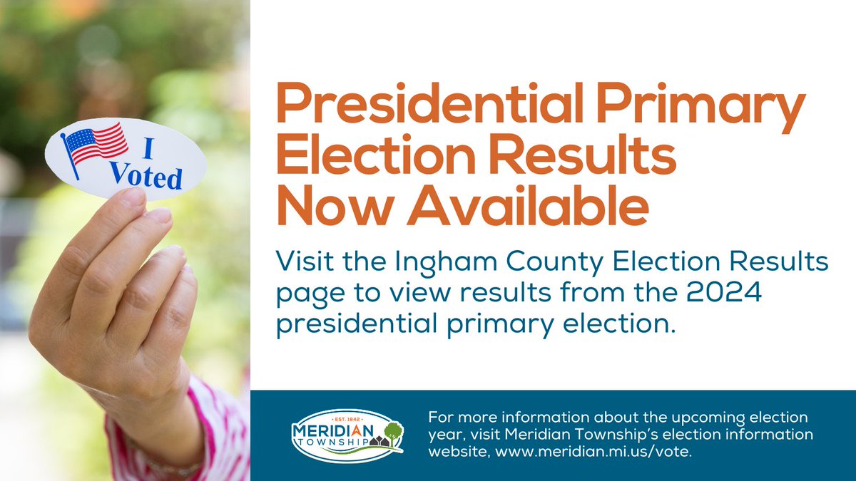 Results from the presidential primary election are now available on Ingham County's Election Results page. They are listed under "February 27, 2024," the presidential primary election date.

To view the results visit: clerk.ingham.org/departments_an….

#MeridianTownship #Okemos #Haslett