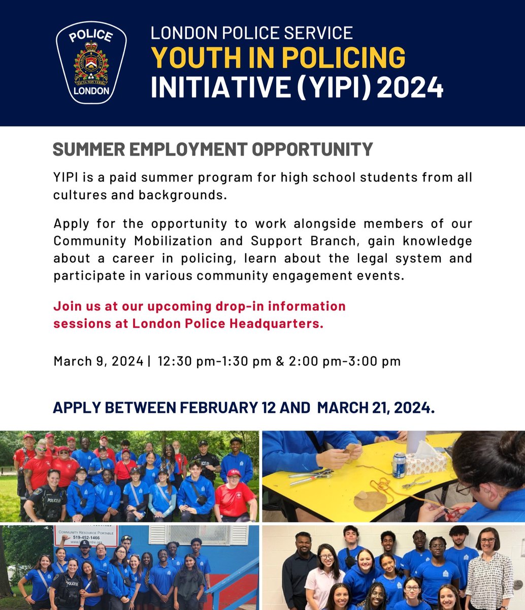 We are accepting applications for our Youth In Policing Initiative (YIPI). Would you like to learn more about a summer internship with the LPS? 👮 Attend our information session on March 9 at London Police Headquarters. No registration required! 👉 bit.ly/48Ulfe5 #LdnOnt