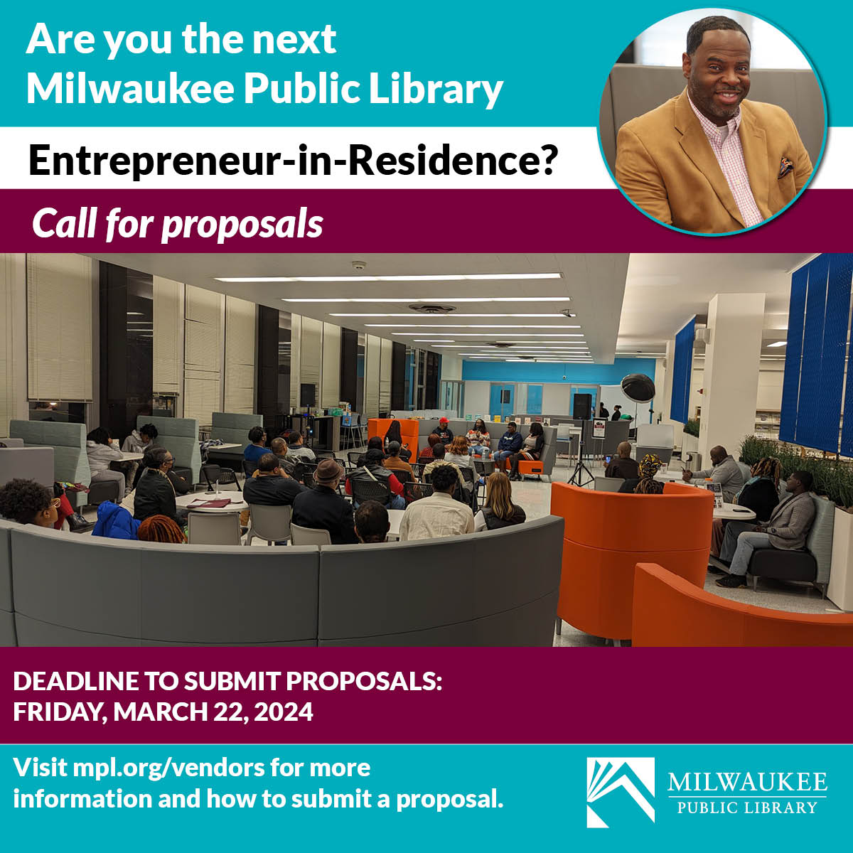 Milwaukee Public Library is looking for an established entrepreneur to lead the inaugural Entrepreneur-in-Residence. Share your expertise, mentor emerging talent, and make a lasting impact. Apply by March 22, 2024 at mpl.org/vendors! #MPLInnovators #BusinessMentoring