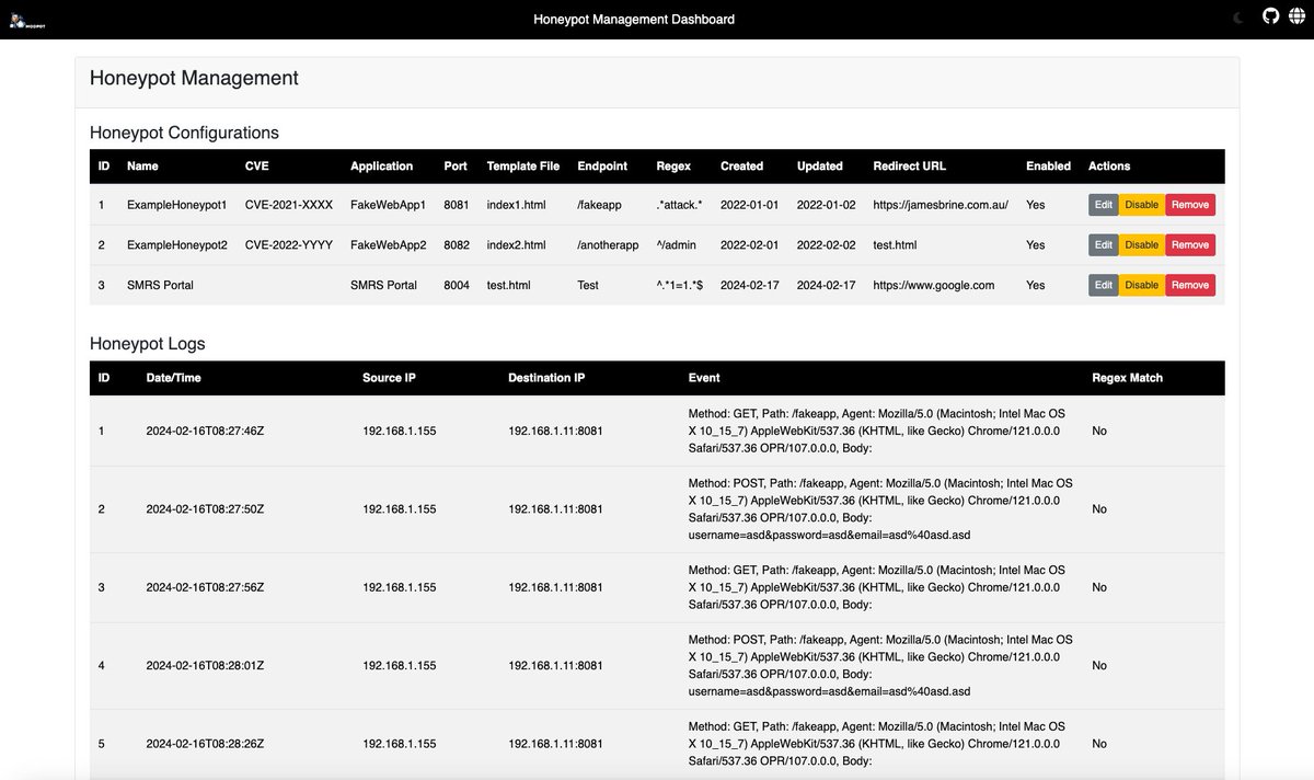 🍯 modpot

A modular web-application honeypot platform built using go and gin

Allows the user to deploy simple HTML/JS honeypots that mimic web apps in order to detect requests and form entries that are related to attacks

By <a href="/referefef/">James Brine</a>

github.com/referefref/mod…