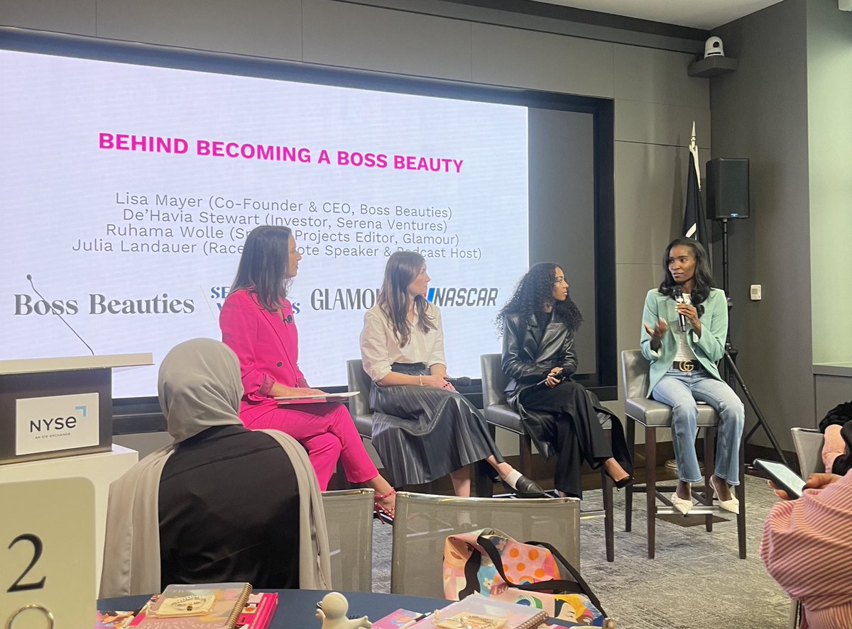 What a way to kick-off #InternataionalWomensMonth - A powerhouse panel at @NYSE featuring @lisacmayer of @BossBeauties, @NASCAR driver @julialandauer, De’Havia Stewart of @SerenaVentures and Ruhama Wolfe of @glamour 👏 - RW