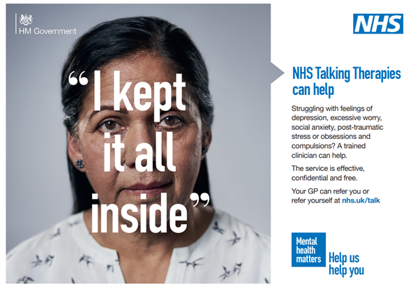 Your NHS is here for you. Access free mental health support through NHS Talking Therapies online, by phone, or in person. Ask your GP or sign up online if you're over 18 and registered. Help Us Help You - nhs.uk/talk