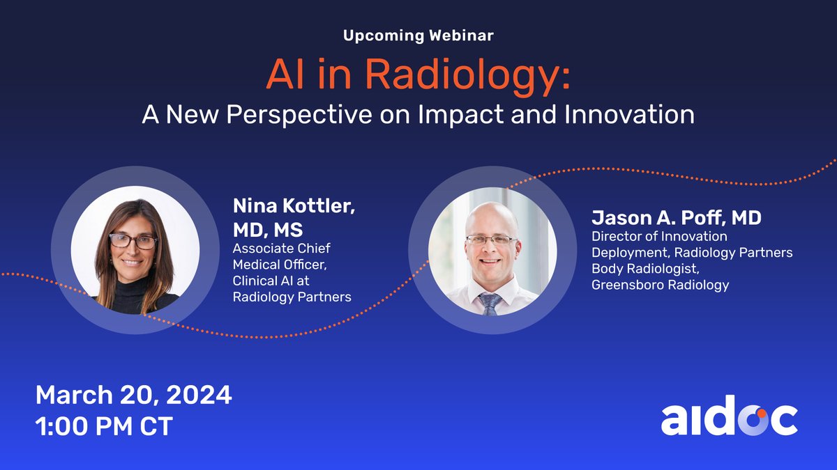 Aidoc | Always on AI (@aidocmed) on Twitter photo Join our webinar featuring <a href="/Rad_Partners/">Radiology Partners</a> Associate CMO <a href="/RadKottler/">Nina Kottler</a>, MD and Greensboro Radiology Director of Innovation Jason A. Poff, MD, on the #AI validation process and the synergy between #radiologists and AI. Register 👉 okt.to/oxliJF
#RadTwitter #radiology Join our webinar featuring <a href="/Rad_Partners/">Radiology Partners</a> Associate CMO <a href="/RadKottler/">Nina Kottler</a>, MD and Greensboro Radiology Director of Innovation Jason A. Poff, MD, on the #AI validation process and the synergy between #radiologists and AI. Register 👉 okt.to/oxliJF
#RadTwitter #radiology