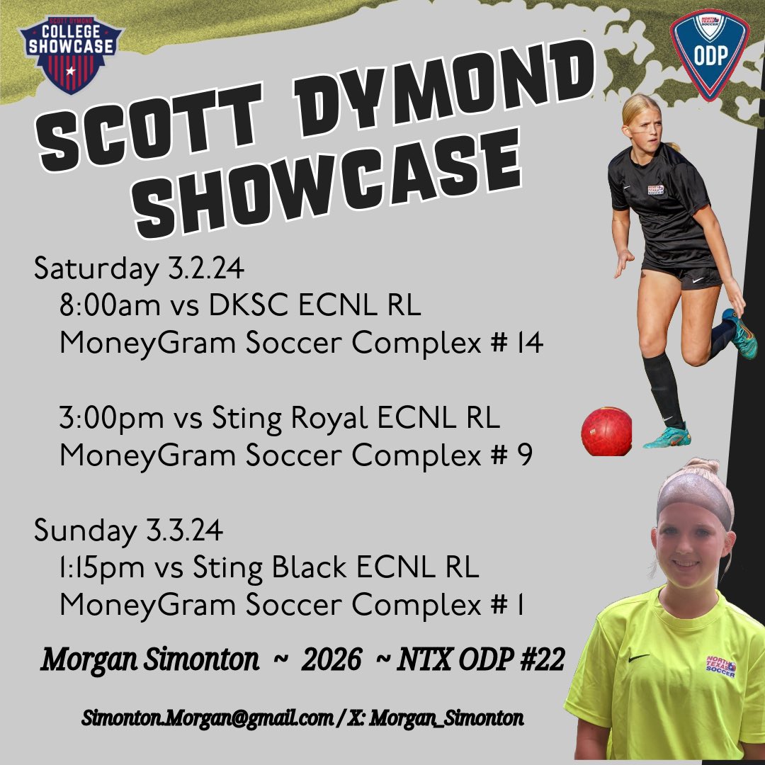 I'm excited to be representing @NTXODP this weekend in the Scott Dymond College Showcase in Dallas, TX. Looking forward to a great weekend of soccer! 👊
My schedule is ⬇️!

@ntxsoccer_ @usysodp #odp @ImYouthSoccer @USYouthSoccer   #NextLevelExcellence @TheSoccerWire