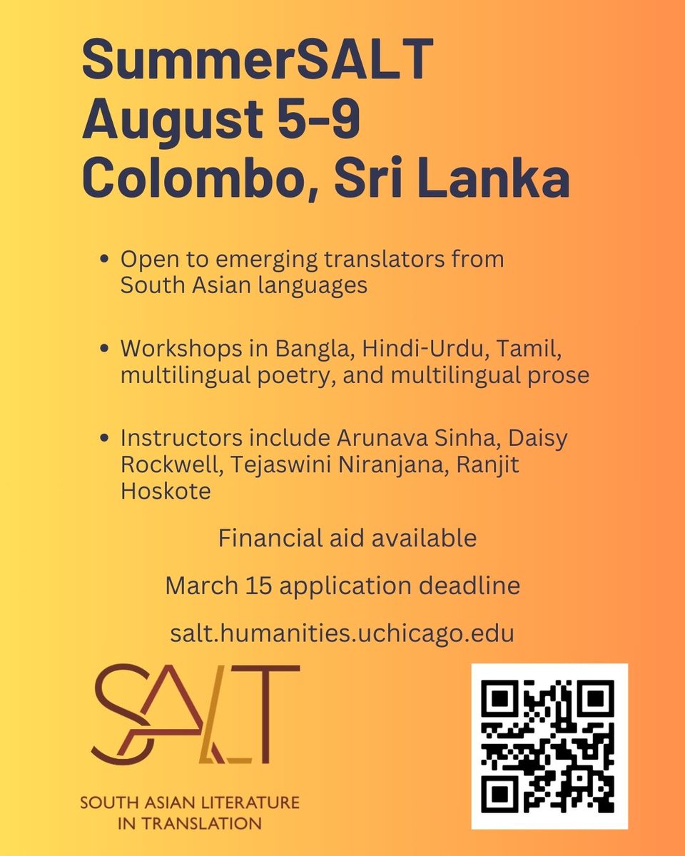 Newbie translators from South Asian languages! Time to apply to SummerSALT, a unique opportunity to hone your skills. In Sri Lanka, August 2024 – Don’t miss the March 15 deadline! All the info bit.ly/summersalt-tra…