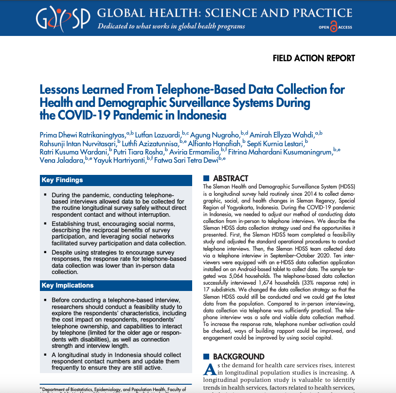 The authors of this article document valuable experiences and challenges when collecting data for a routine health and demographic longitudinal survey in Indonesia using telephones instead of in-person interviews during the COVID-19 pandemic. hubs.ly/Q02mS8Nf0