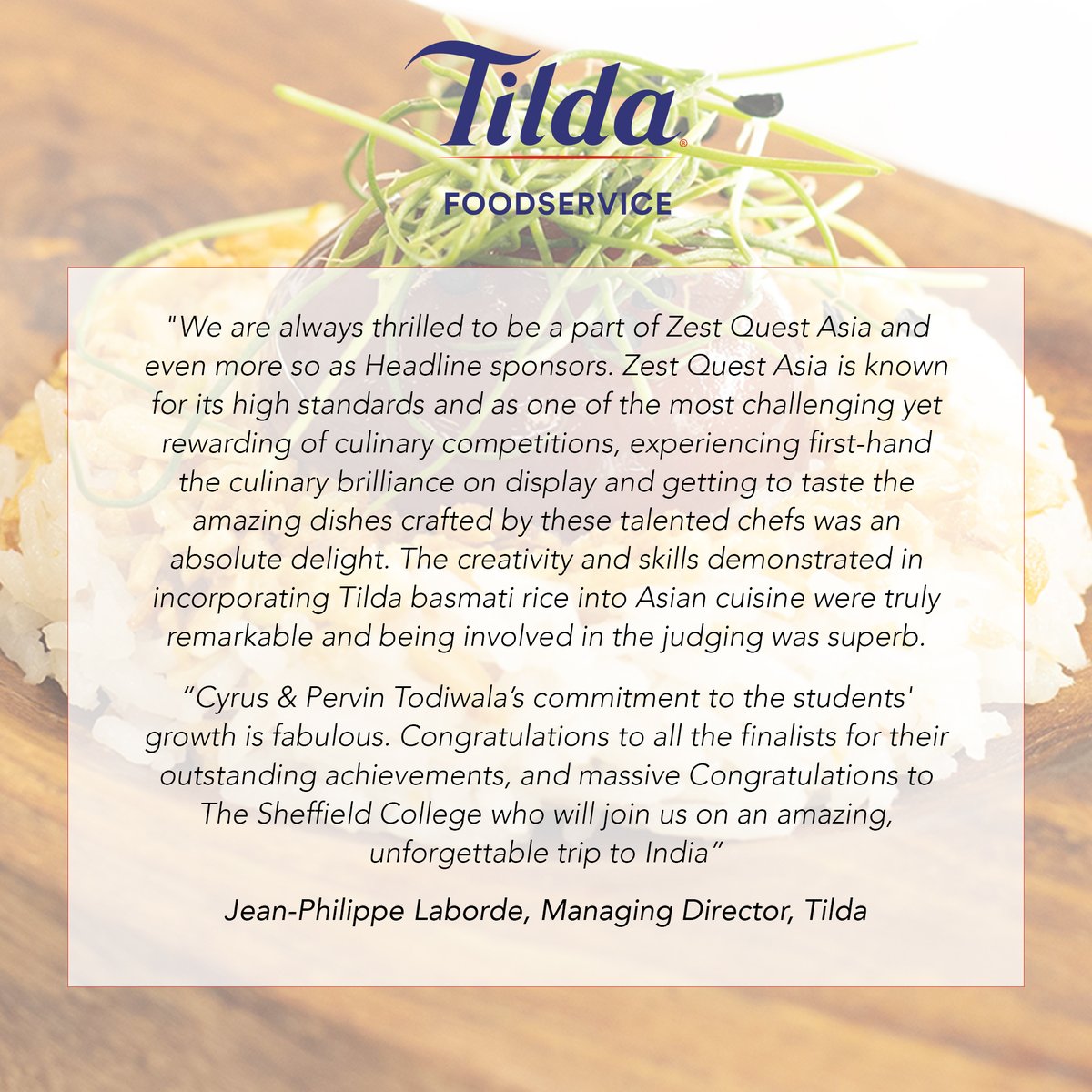 Tilda Chef (@tildachef) on Twitter photo The Sheffield College takes top prize at Zest Quest Asia 2024
Congratulations to Phoebe Tuttle, Bethany Brewster and Joe Defries, who produced a fantastic menu.
<a href="/MrsTodiwala/">Pervin Todiwala</a> | <a href="/chefcyrustodiw1/">chefcyrustodiwala</a> | <a href="/sheffcol/">The Sheffield College</a> | @thesilverplate_ The Sheffield College takes top prize at Zest Quest Asia 2024
Congratulations to Phoebe Tuttle, Bethany Brewster and Joe Defries, who produced a fantastic menu.
<a href="/MrsTodiwala/">Pervin Todiwala</a> | <a href="/chefcyrustodiw1/">chefcyrustodiwala</a> | <a href="/sheffcol/">The Sheffield College</a> | @thesilverplate_
