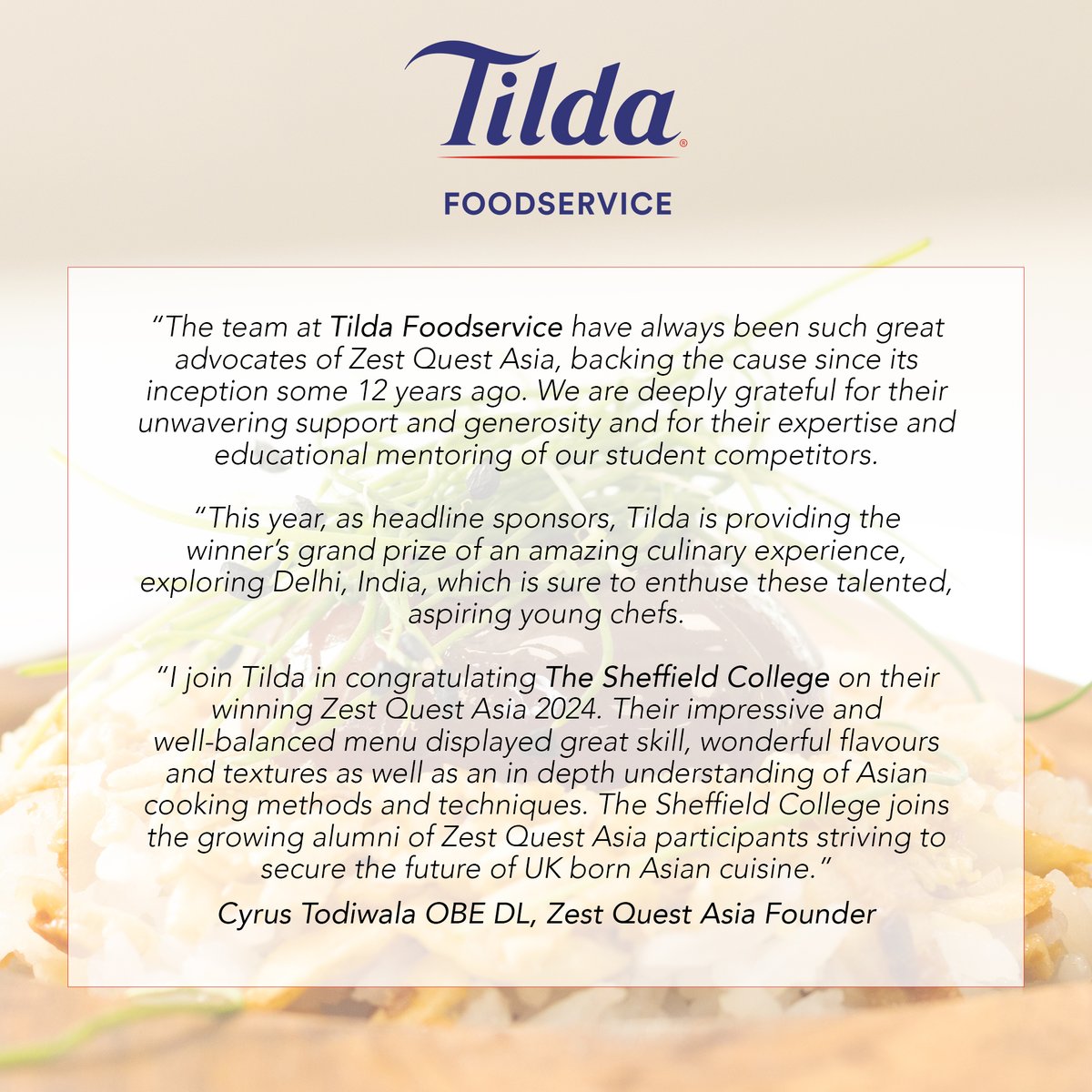 “I join Tilda in congratulating The Sheffield College on their winning Zest Quest Asia 2024.” Cyrus Todiwala OBE DL, Zest Quest Asia Founder @sheffcol | @thesilverplate_ | @chefcyrustodiw1