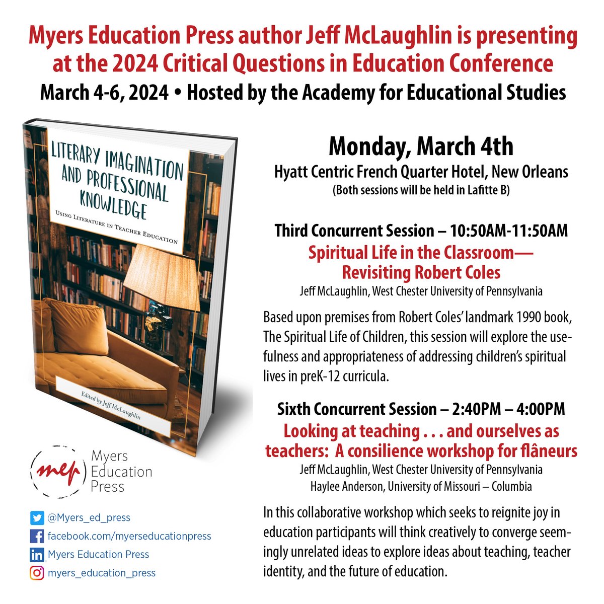 Jeff McLaughlin, editor of 'Literary Imagination and Professional Knowledge' will be presenting at two sessions on March 4th at the 2024 Critical Questions in Education Conference in New Orleans. @StudiesAcademy Book details: myersedpress.presswarehouse.com/browse/book/97…