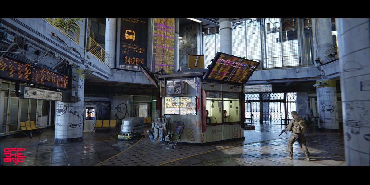 Fond memories linger in Teardrop's bus terminal - like when you missed a bus because it left early for no reason whatsoever... Now, deactivated robot clerks subtly remind you this terminal won't provide safe passage from the closing Grid. If you're left behind, you better run.