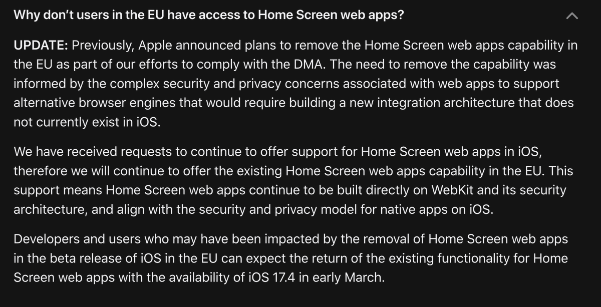 🚨🚨🚨🚨 Apple will NOT remove PWA support on iOS 🥳🥳🥳🥳 👉This is an official statement form Apple that replaced today the previous excuses published around the removal. We did it, folks!
