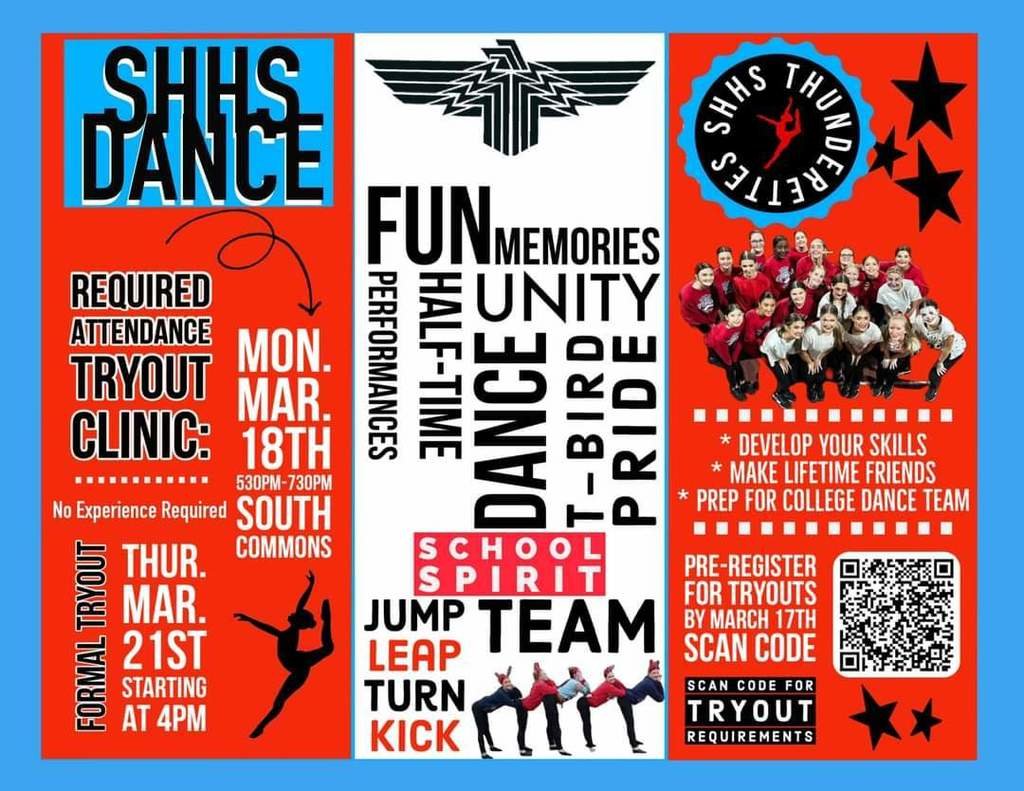 Shawnee Heights Thunderettes Tryout season is approaching! Welcoming ALL LEVELS OF DANCERS! Scan QR code for more team information and to register for tryouts. Link: docs.google.com/forms/d/1O1vpu…