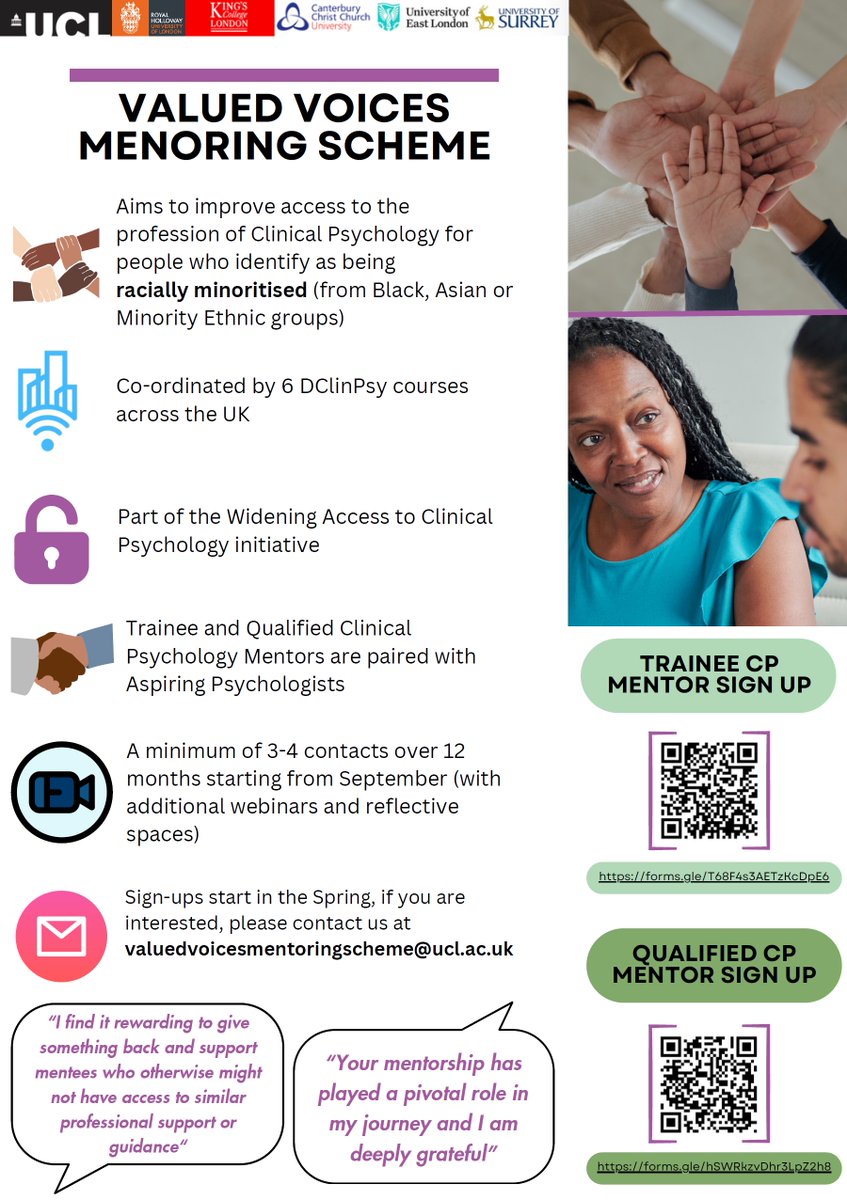 *CALLING TRAINEE &amp; QUALIFIED CLINICAL PSYCHOLOGISTS - PLEASE SHARE* We are recruiting mentors for the 2024-2025 Valued Voices Mentoring Scheme, to support racially-minoritised aspiring CP's. See details:

Trainee CP: lnkd.in/guEhatHe

Qualified CP: lnkd.in/gjREqQet