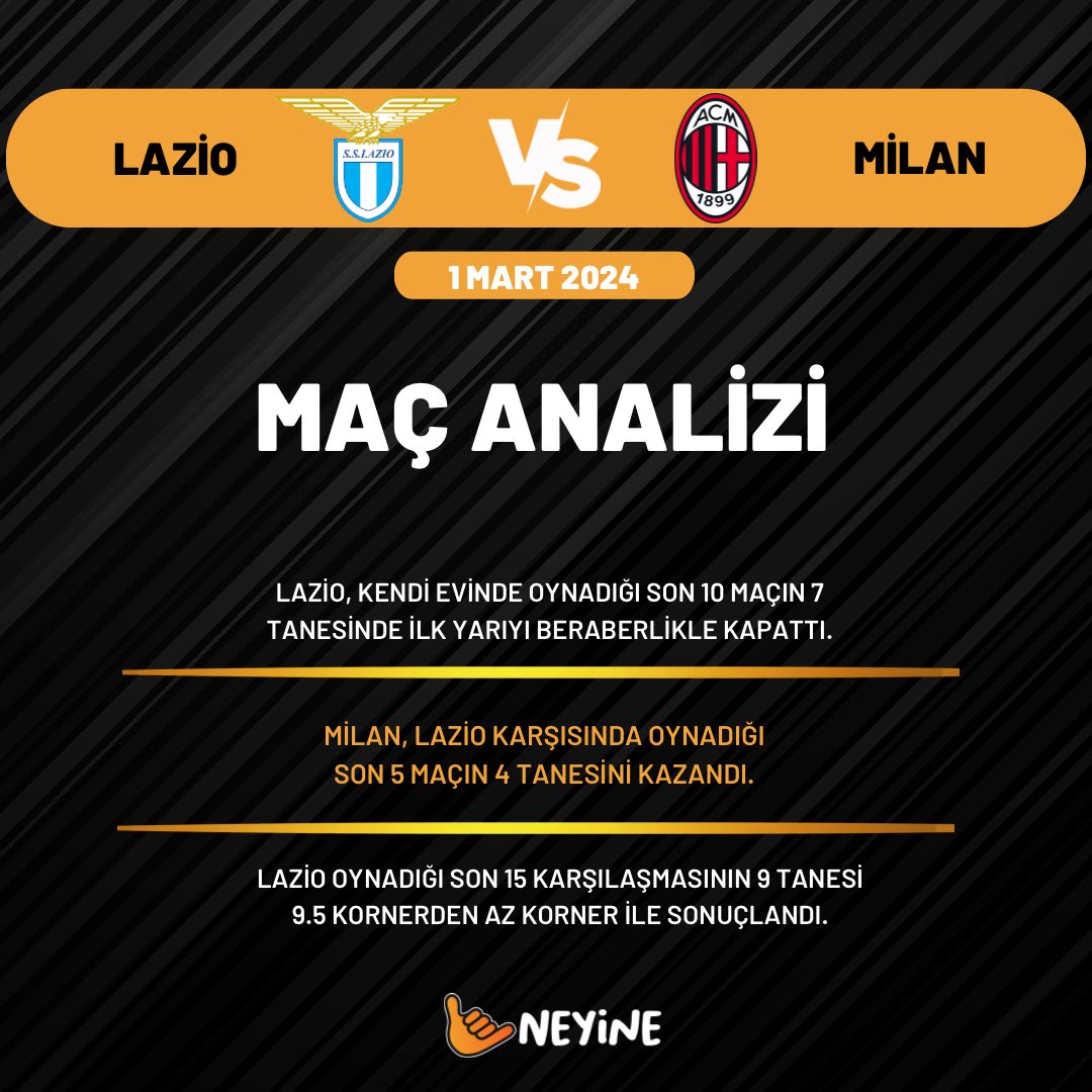 🏆 İtalya Seri A'da rekabet dolu karşılaşma ! Lazio ile Milan saat 22:45'de karşılaşacak ! 

🤩 En yüksek oranlı karşılaşmalar için #Neyine'yi seçin ! 

📲 Neyine Giriş: bit.ly/41MmUi2