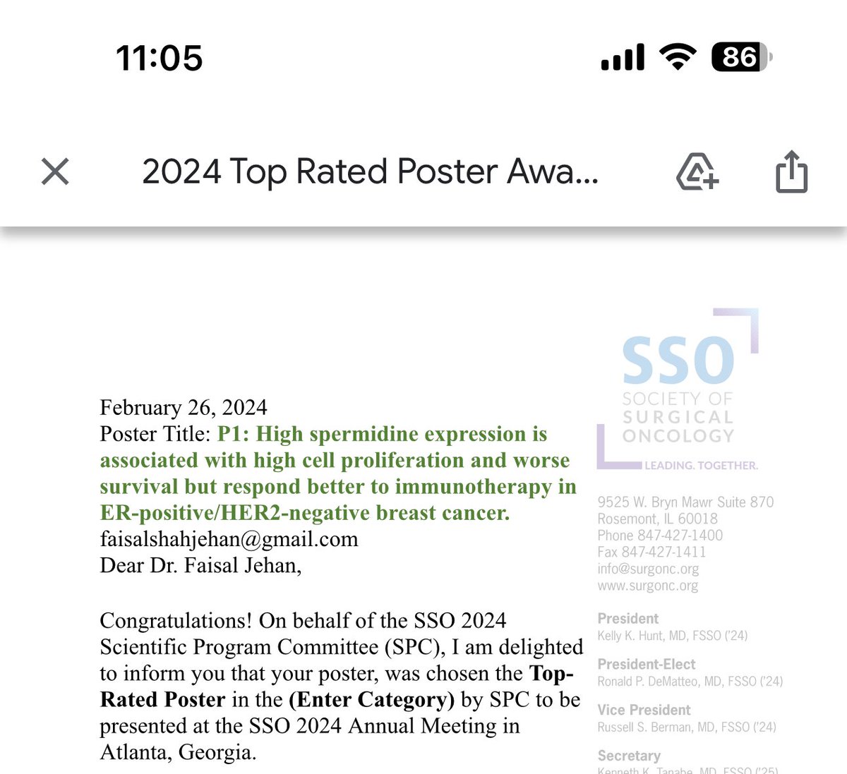Thank you @SocSurgOnc for selecting our work for the best poster award. Extremely excited to present our work and meet with mentors and learn. @RoswellSurgOnc @RoswellPark #sso2024 #awards #science #movingtheneedle #cancer care