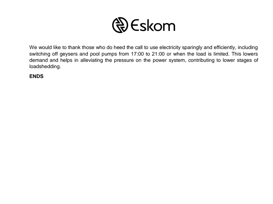 #PowerAlert1

Loadshedding to be suspended from 05:00 until 16:00 on Saturday.