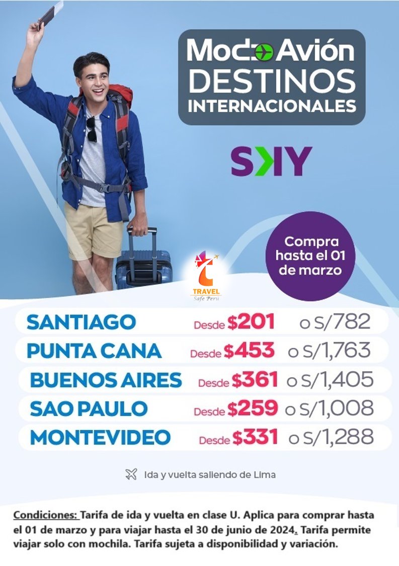 TravelSafePeru's tweet photo. 📩Informes: reservas@travelsafe-peru.com       ☎️Central: +514920058   
📲https://t.co/4SMhc5NDzP 
🌎Web: https://t.co/UPzfdmrUhR https://t.co/K7B3Fkwt6n 
#TravelSafePerú #TSP #ViajaconTSP #Viajabien #AgenciadeViajes #Homeoffice #Vuelos #SkyAirlines https://t.co/fjt6KndTIX