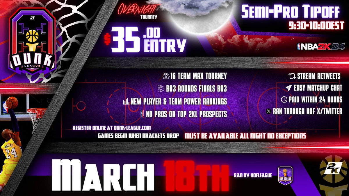 🏆DUNK SEMI-PRO OVN registration is LIVE! 

🔥$35 ENTRY

🚨 Sign-ups are due by 8:30 PM EST 

🌒 Brackets drop at 9:30-10 PM EST 

🔘Every round is a BO3 through finals 

▶️ Register Now: dunk-league.com/ovn-registrati…

<a href="/DangerrFT/">Over-Night Danger 💫</a> @youFamousEnough <a href="/iNetworkSports/">iNetwork</a> <a href="/DirtyGraphics/">DirtyGraphics</a> #OVN