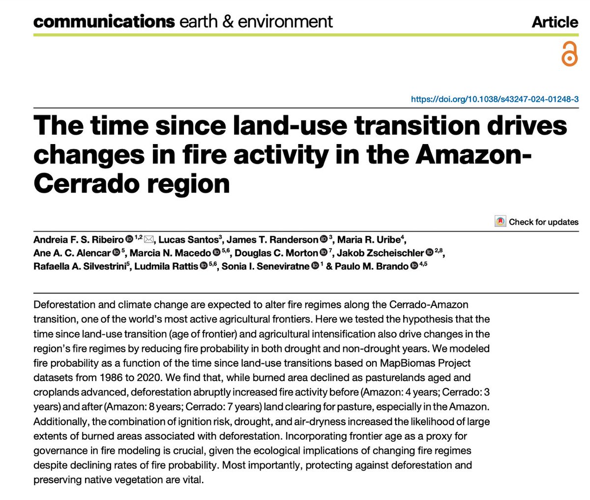 Andreia Ribeiro (@afsribeiro) on Twitter photo Our paper featured this week on <a href="/CommsEarth/">Communications Earth & Environment</a> shows that the time since land-use transition is a main driver of fire activity in the Amazon-Cerrado agricultural frontier.
Check the full paper rdcu.be/dzffq
(1/5)🧵 Our paper featured this week on <a href="/CommsEarth/">Communications Earth & Environment</a> shows that the time since land-use transition is a main driver of fire activity in the Amazon-Cerrado agricultural frontier.
Check the full paper rdcu.be/dzffq
(1/5)🧵