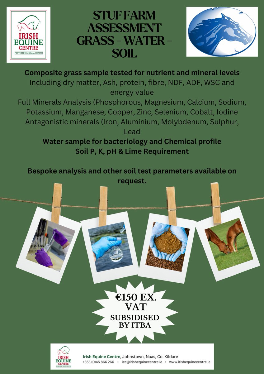 The IEC is delighted to support all ITBA members with this heavily subsidised Stud Farm Assessment for grass, water and soil.
#veterinarylab #vetlabteam #vetlabdiagnostic #quality #ISO17025 #vetlabsby #studfarm #irishthoroughbred #irishthoroughbredbreeders