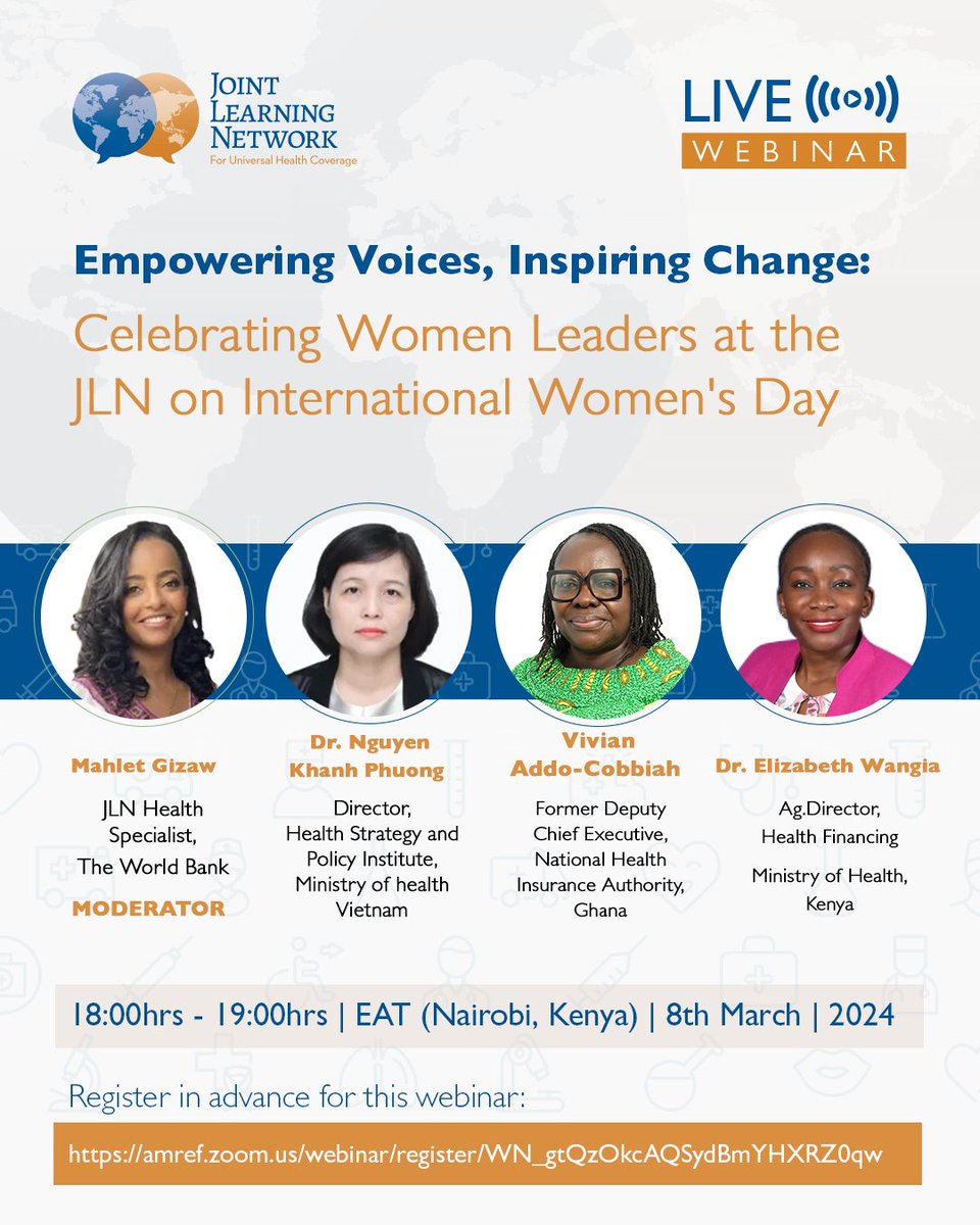 #SaveTheDate : Join us on March 8th for a #IWD2024  #JLNWebinar! We're celebrating the incredible women who shape health policies &amp; advocate for equitable healthcare. Let's honour their resilience &amp; leadership in pushing for #UHC 👉Register Here: bit.ly/3wum9iQ